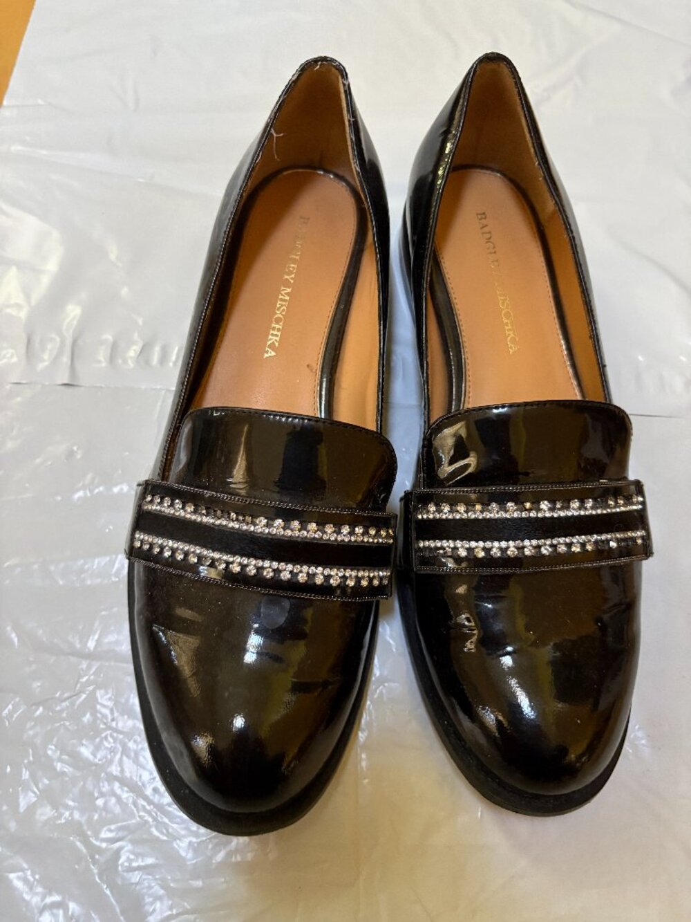 Badgley Mischka Black Patent Leather Embellished Loafers Sz 7.5